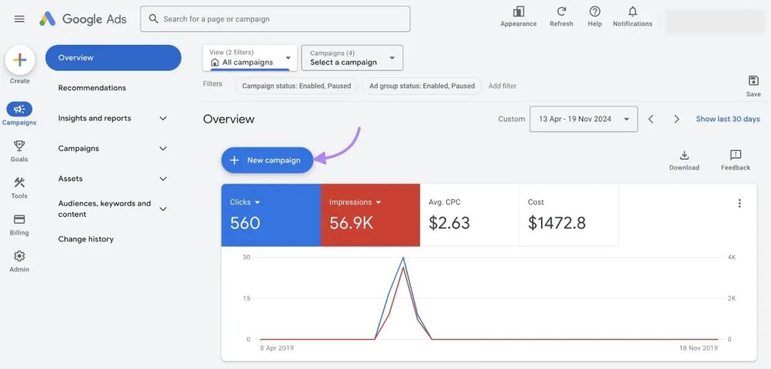 点击“新广告系列”按钮后,进入 Google Ads 管理器主页。